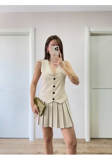 Keten Takım Görünümlü Düğme Detaylı Yelekli Mini Elbise - Bej Bej