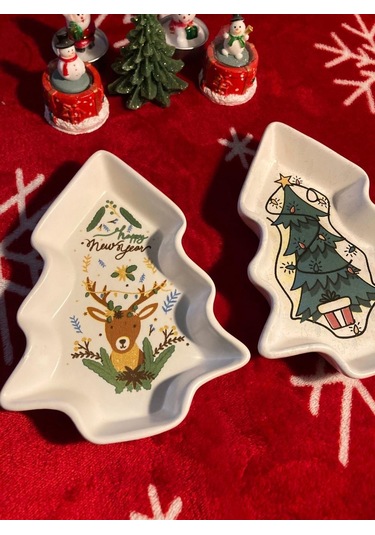 Yılbaşı Temalı 2'li Ağaç Tasarımlı Desenli Seramik Sunum Servis Tabağı 17x12 Cm Geyikli Ve Çam Ağaçlı