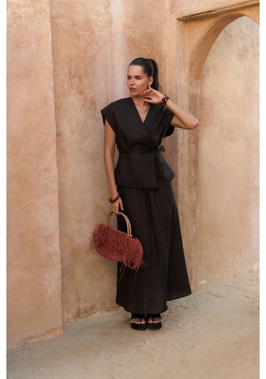 Fiametta Salaş Acı Kahve Keten Yelek Etek Takım Acı Kahverengi