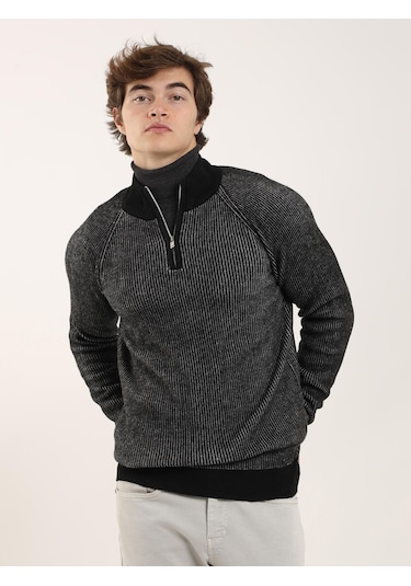 Dufy Siyah Erkek Regular Fit Fermuarlı Dik Yaka Triko - 91167 Siyah