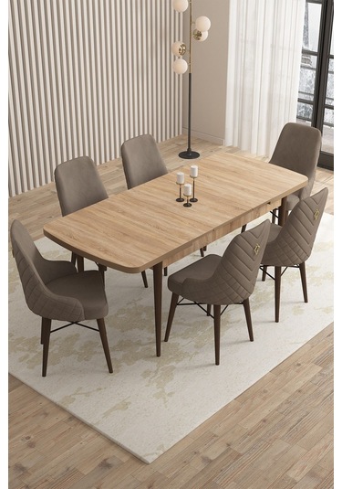 Mazaka Meşe Desen 80x132 Açılabilir Mdf Masa Yemek Odası Takımı, Mutfak Takımı 6 Adet Sandalye Cappucino
