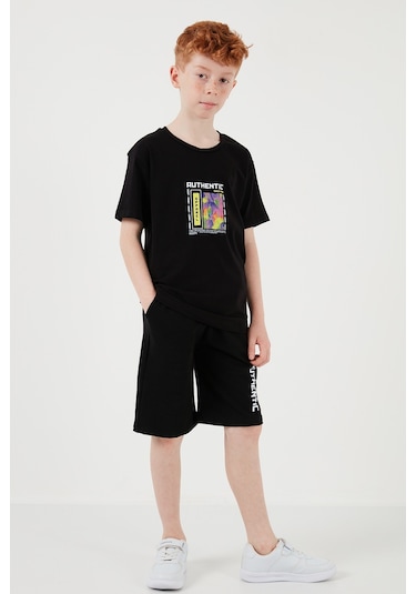 Lela Pamuklu Regular Fit Bisiklet Yaka Şortlu Alt-Üst Erkek Çocuk Takım 6212011 Siyah