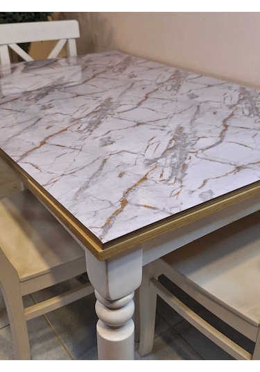 Kalın Pvc Masa Koruyucu 1.2 Mm Mika Örtü, 80 Cm En, Mermer Desen Altın