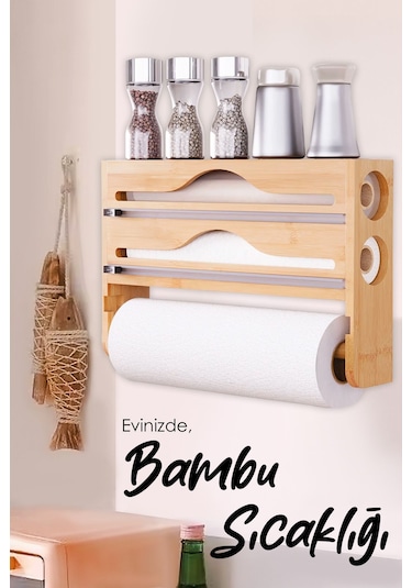 Bambu Streç Film Folyo Kesici - Fonksiyonel 2 Bölme Streç Folyo Kesme Kutusu Ve Kağıt Havlu Askılığı