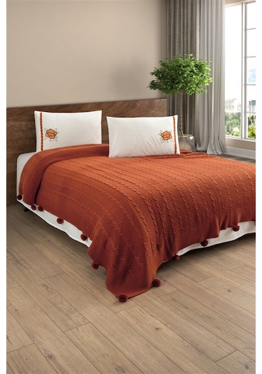 Triko Örme Battaniye Takımı-nakışlı Yatak Seti-tivoli Rosetta Kiremit