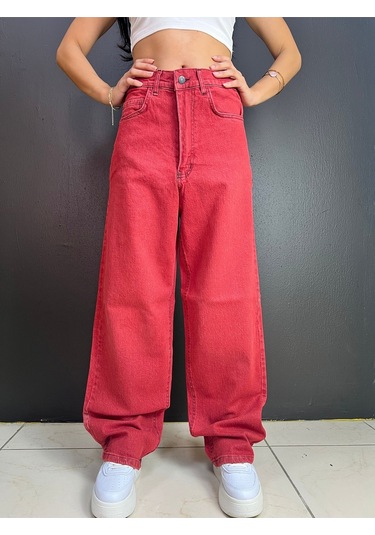St.poll Vintage Eskitme Yıkama Unisex Baggy Jean Pantolon Vintage Kırmızı