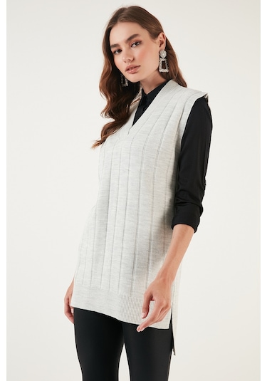 Lela V Yaka Uzun Triko Bayan Süveter 4616088 Kar Gri