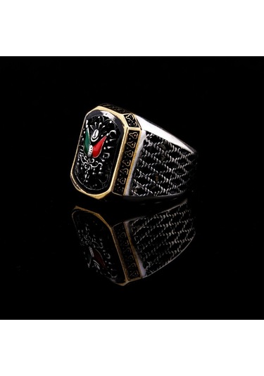 925 Ayar Gümüş Mineli Osmanlı Devlet Armalı Erkek Yüzük Çok Renkli