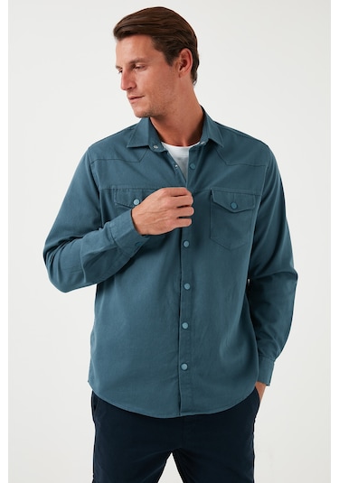 Buratti Pamuklu Regular Fit Çift Cepli Erkek Gömlek Cf24W116927 Petrol