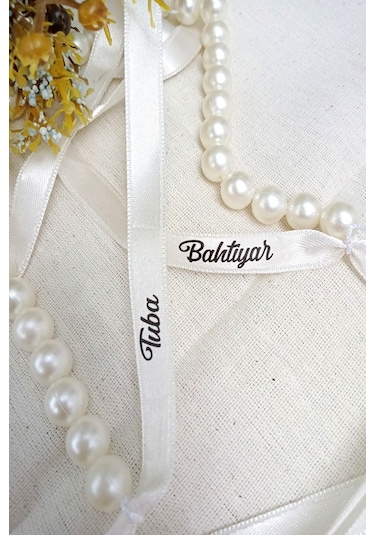 Kişiye Özel Yazılı Beyaz Kurdeleli Krem İncili Söz & Nişan Kurdel