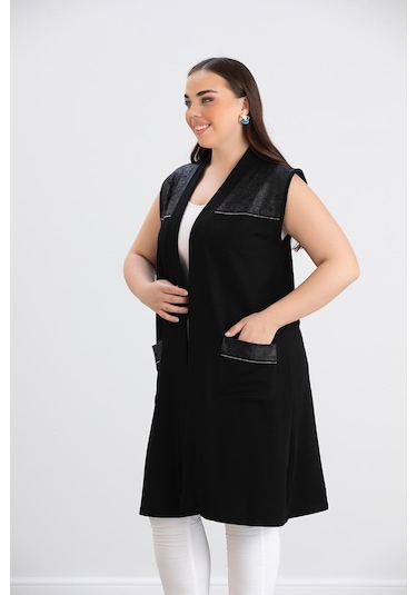 Wearon Kadın Ajda 2 İp Kristal Süs Deri Ve Taşlı Cepli Siyah Yelek Siyah