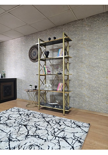 Çıkıntılı Gold Boyalı Kitaplık - 5 Raflı Suntalem Lüks Kitaplık L Çok Renkli