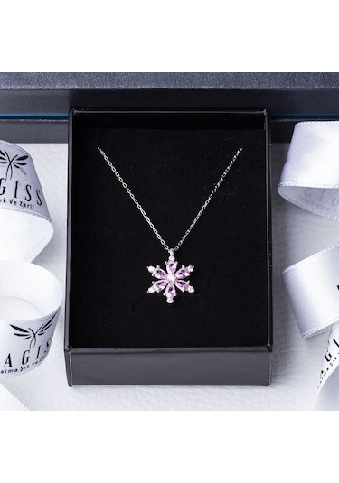 Pembe Zirkon Taşlı Lotus Çiçeği Model 925 Ayar Gümüş Kadın Kolye