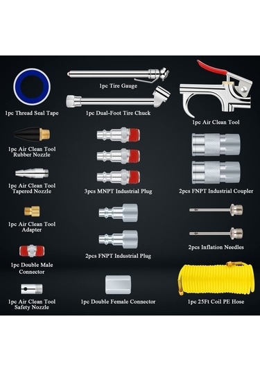 Tongxida 20'lu Hava Kompresörü Seti 7.5m Bobin Naylon Hortumlu 1/4 İnç Npt Hava Alet Kiti