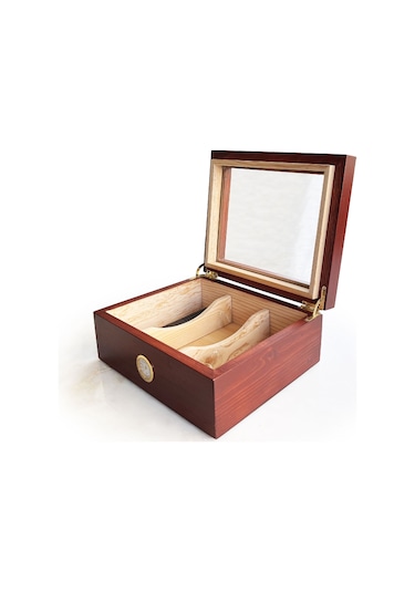 Mezmob Masif Yerli Sedir Ağacı Humidor Puro Kutusu Camlı 2 Bölmeli
