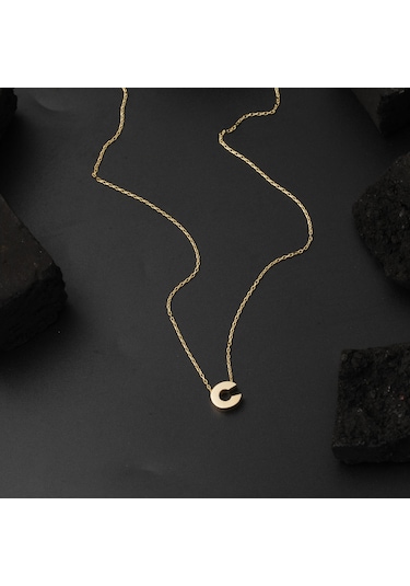 C Harfi Taşsız Minimal Harf Altın Kolye 14 Ayar