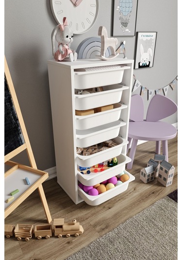 %100 Mdf - Medium Mono 7 Sepetli Oyuncak Dolabı Beyaz