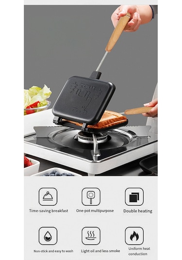 Çift Taraflı Sandviç Tavası Yapışmaz Izgara Kızartma Tavası Ekmek Tostu İçin Siyah