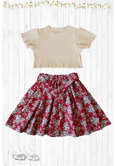 Etekli Crop Takım, Çiçekli Koyu Kırmızı Etek - Pamuklu Fitilli Crop Skahve-kkırmızı Çok Renkli
