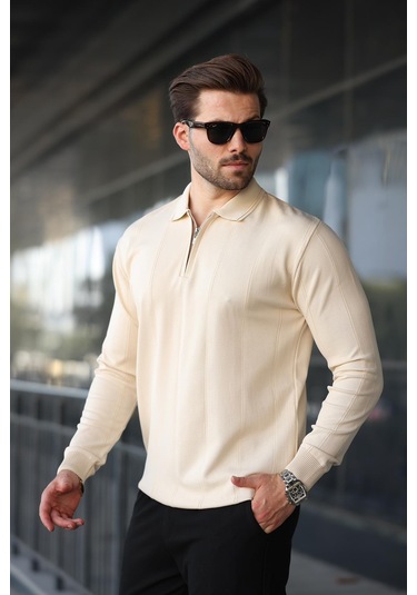 Taş Rengi Yeşili Polo Yaka Fermuarlı Erkek Kazak E7427 Taş Rengi