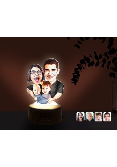 Kişiye Özel Aile Karikatürlü Dekoratif 3D Biblo Led Işıklı Gece L (483006983)