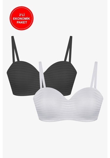 2'li Paket - Kadın Dolgusuz Transparan Çizgili Toparlayıcı Straplez Sütyen Siyah - Ekru