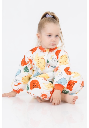 Kız Erkek Çocuk Kalın Elyaf Dolgulu 2.5 Tog Desenli Uyku Tulumu-turuncu-beyaz Turuncu - Beyaz
