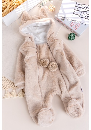 Kışlık Peluş Welsoft Penye Astarlı Pamuklu Kız Erkek Bebek Tulum Bej