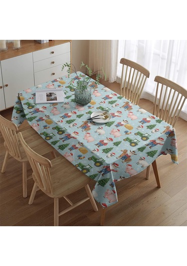 Noel Desenli Dikdörtgen Masa Örtüsü 60x84 İnç, Su Geçirmez Ve Leke Tutmaz Noel Çiftlik Baba Noel