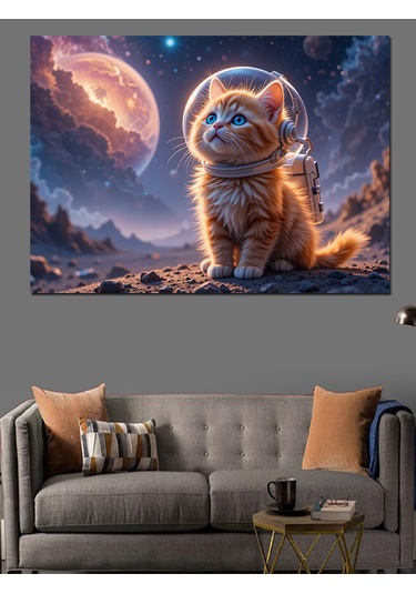 Uzayda Yavru Kedi Dekoratif Kanvas - Mdf Ahşap Tablo