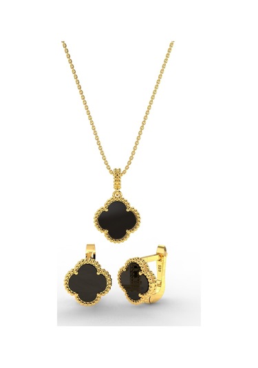 925 Ayar Oniks Taşlı Gold Van Cleef Yonca Kolye Küpe 2'li Gümüş Set-takım