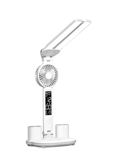 Maoyaya Fanlı Çift Kafa Led Masa Lambası, Dokunmatik Kontrol, Saat Ve Kalem Tutuculu Çok Renkli