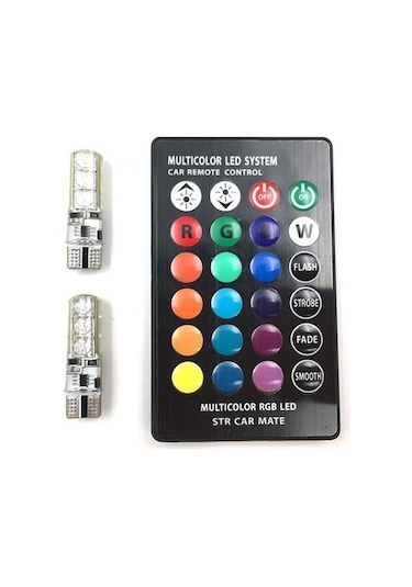 Kumandalı Çakarlı T10 Araç Park Ampulü Rgb Led Ampul- 2   Adet