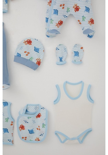 Breeze Erkek Bebek Hastane Çıkışı 8 Li Sevimli Deniz Hayvanları Desenli 0-3 Ay, Beyaz Beyaz