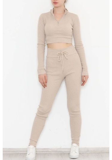 Mokashopin - Fermuarlı Crop Takım Bej - 12130.1748. 001