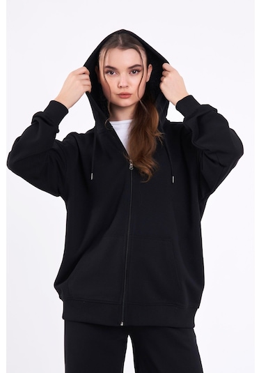 Comeor Siyah Kanguru Cepli Kapüşonlu Fermuarlı Oversize Kadın Sweatshirt 001 Comeor Siyah Kanguru Cepli Kapüşonlu Fermuarlı Oversize Kadın Sweatshirt 001