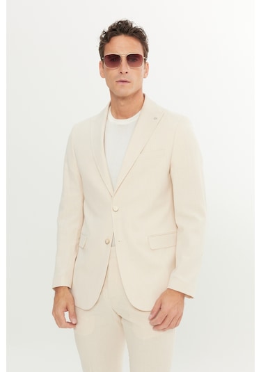 Erkek Bej Slim Fit Dar Kesim Kırlangıç Yaka Kapak Cepli Çizgili Esnek Takım Elbise Bej