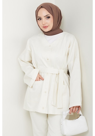 Kemerli Ceket Pantolon Gabardin Takım 1557 - Ekru Ekru