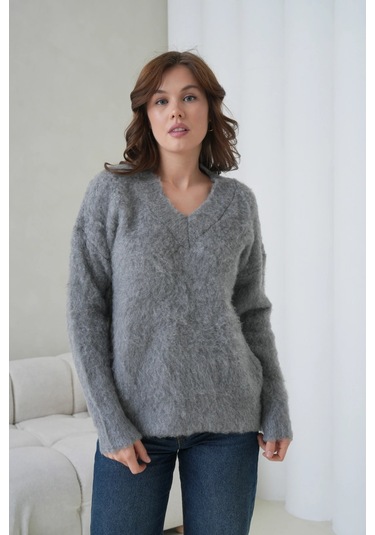 Kadın V Yaka Sakal Dokulu Şardonlu Oversize Triko Kazak 8695 Antrasit