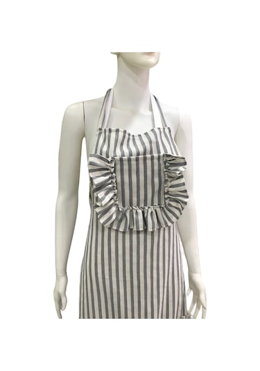 Çizgili Naturel Keten, Fırfırlı, Buldan Keten, Mutfak Önlüğü