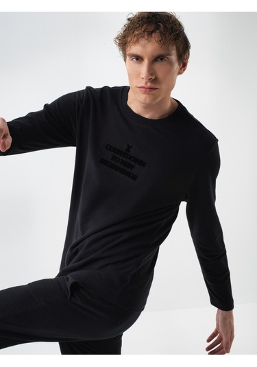 Siyah Pamuk Dokulu Regular Fit Uzun Kollu Tişört 502167 Siyah