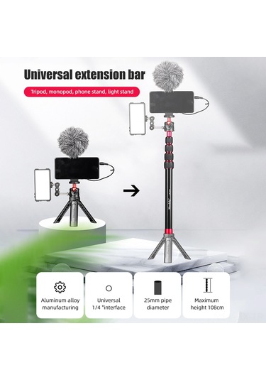 Kangvka Manbily Lr-255 Profesyonel Alüminyum Monopod Uzatma Çubuğu - 33.5-108cm Ayarlanabilir, 5kg Taşıma Kapasiteli Siyah
