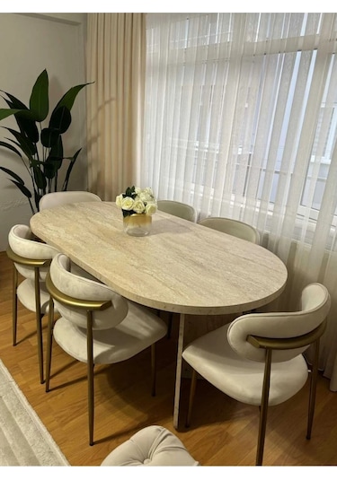 Lux Masa Takımı Ahşap Masa Takımı 6 Kişilik Masa Sandalye Takımı Krem