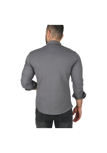 Deepsea Erkek Gri Büyük Beden Pamuklu Likralı Spor Gömlek Dar Kalıp, Çıt Çıt Kapamalı 2500423 Gri