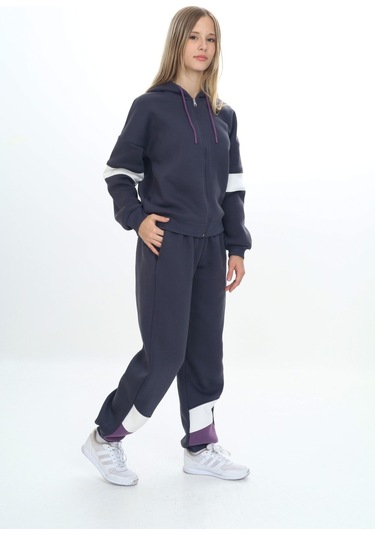 Toontoy Kız Çocuk Kapüşonlu Fermuarlı Garni Detaylı Eşofman Takım Füme