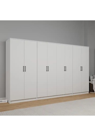 Kardelen Serisi 300 Cm Mat Beyaz 8 Kapılı 13 Raflı Elbise Dolabı - Gardırop Seti Beyaz