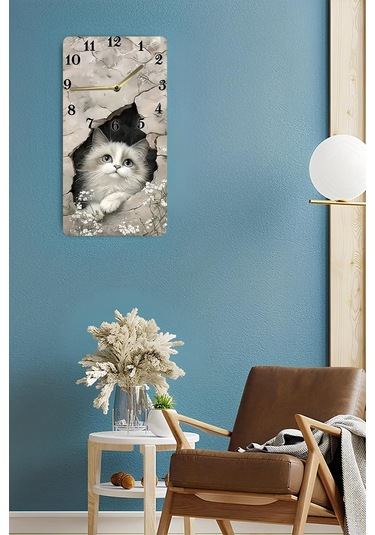 Uv Baskı Mdf Tablo Saat 30x60 Cm Sevimli Kedi Desenli Usd249 Ahşap Saat Usd249
