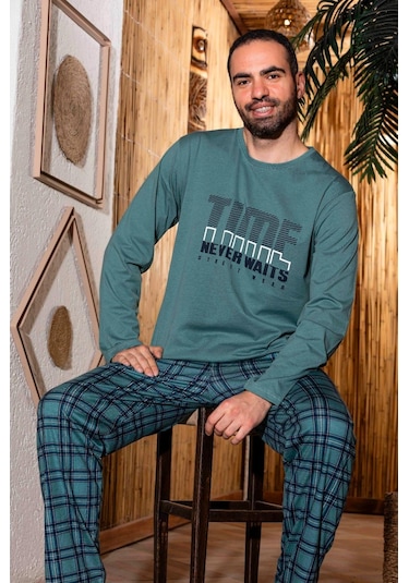 Erkek Penye Pamuk Regular Kalıp Sıfır Yaka Pijama Takımı A803123 - Mint Yeşili