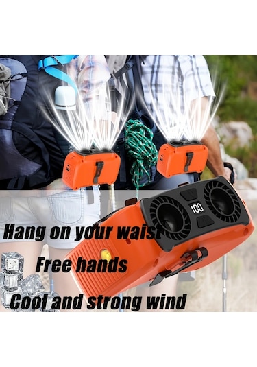 Motion003 Turuncu Taşınabilir 3ü 1 Arada Fan Power Bank 5 Hız Ayarlı Giyilebilir Usb Şarj Edilebilir Mini Boyutlu Uyarı Işıklı
