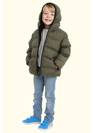Erkek Çocuk Polarlı Kapüşonlu Su Geçirmez Rüzgara Dayanıklı Şişme Kışlık Mont Haki